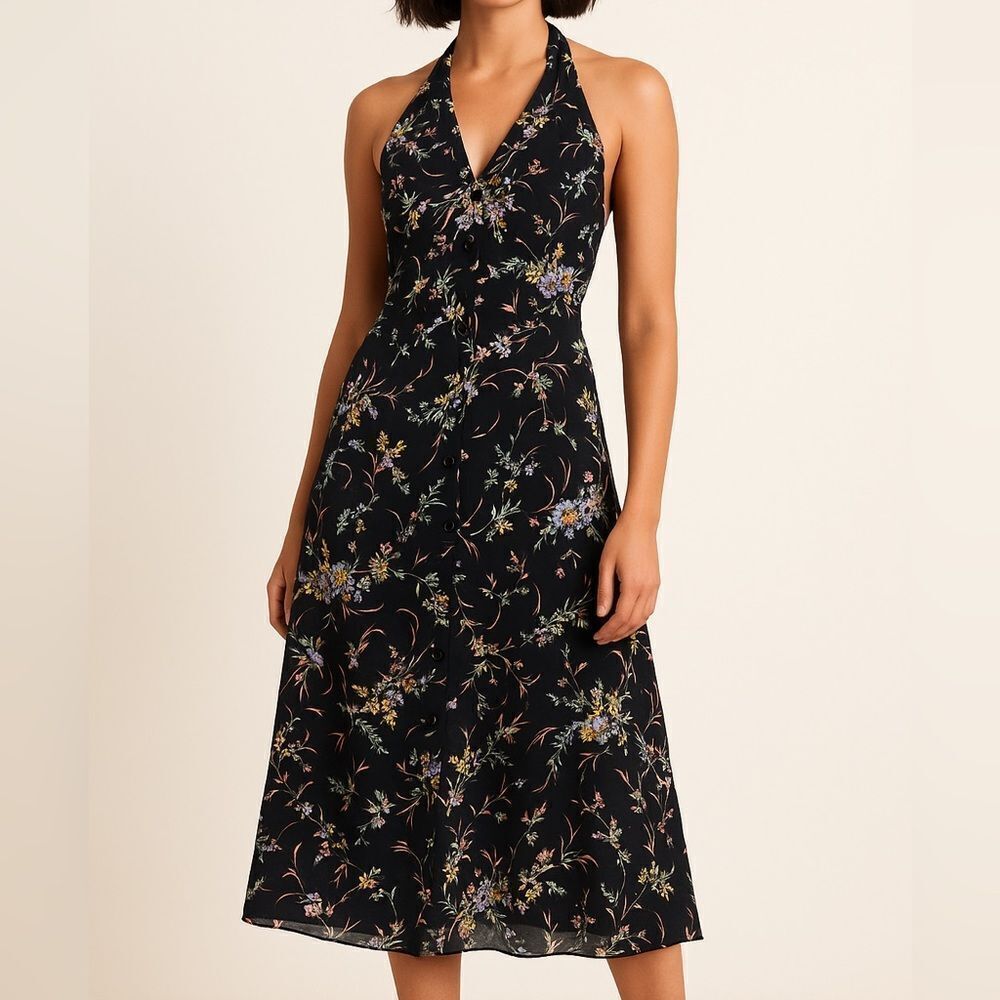 Revolve ROLLA'S Halter Button Down Black Dark Floral Maxi Dress